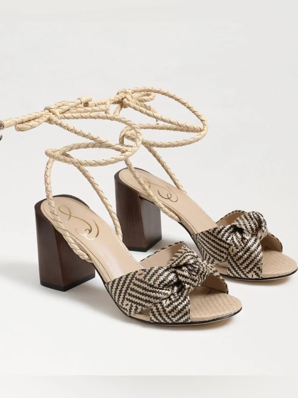 Sam Edelman Bodhi Braided Ankle-Tie Block Heel Sandals in Beige/Black - Picture 1 of 12